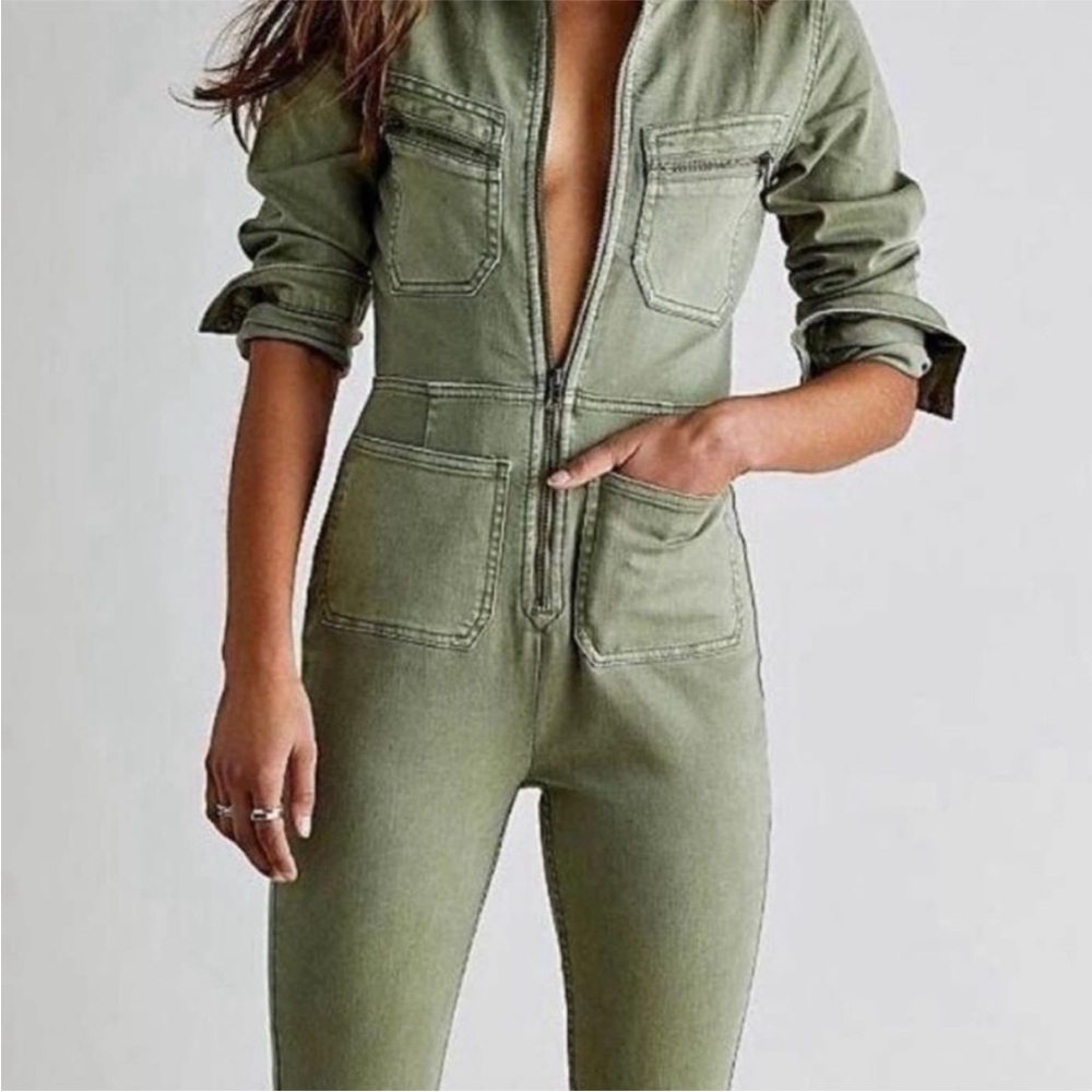 Free People Lennox Denim Olive Green Women's Jumpsuit